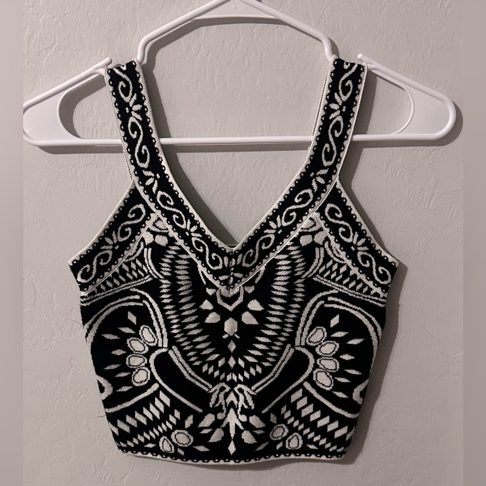 Express Black and White Embroidered Crop Top
